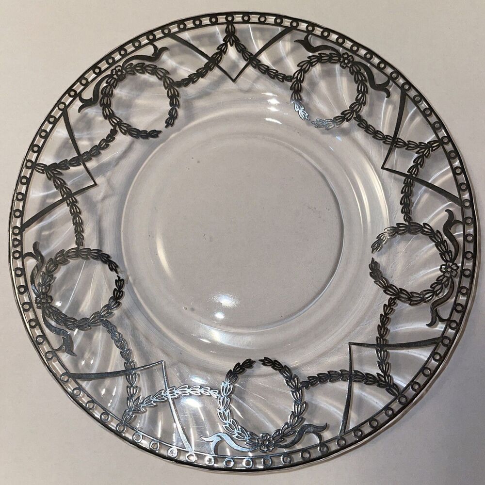 Clear Glass 6.5 Inch Plate Saucer Silver Wreath And Garland Pattern Overlay